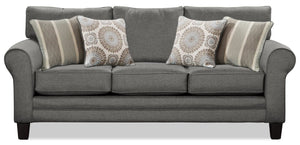 Sofa Tula de 88 po fabriqué au Canada en tissu avec accoudoirs enroulés et coussins décoratifs - gris acier