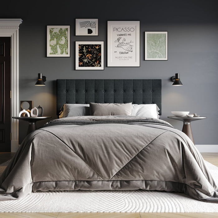 Tête de lit rembourrée Ellis en tissu anthracite avec capitonnage à boutons - format très grand lit