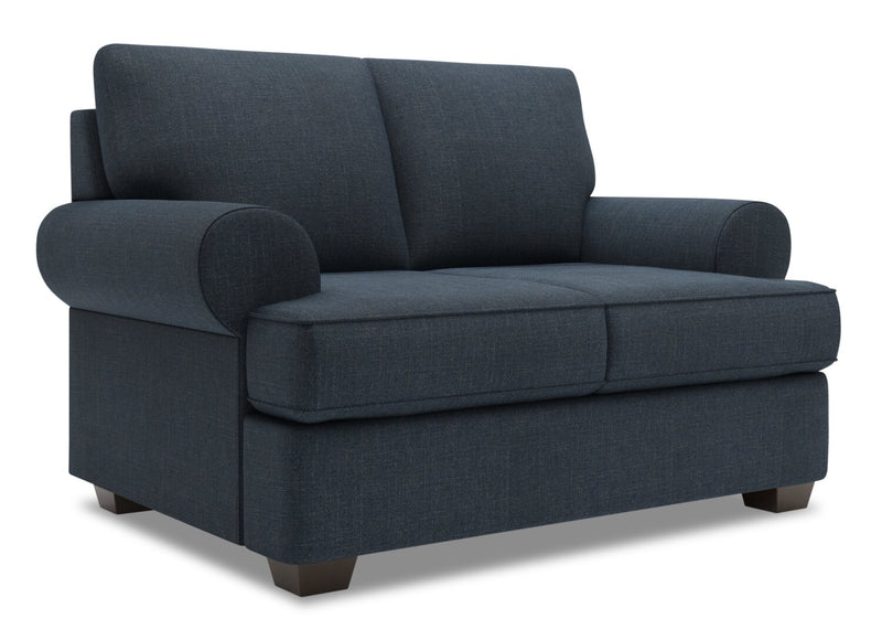 Causeuse personnalisable Roll de Sofa Lab de 64 po fabriquée au Canada en tissu d’apparence lin avec accoudoirs enroulés - bleu Luna Sailor