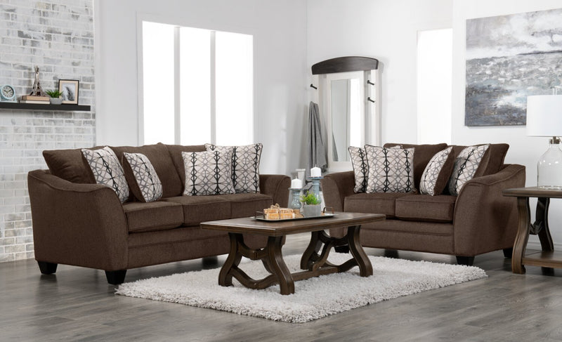 Sofa-lit double Febe de 85 po de format condo fabriqué au Canada en tissu de chenille avec accoudoirs évasés et coussins décoratifs - brun