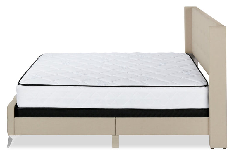 Lit rembourré Zara en tissu d’apparence lin beige avec capitonnage à boutons - format grand lit