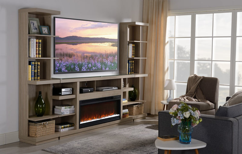 Meuble pour téléviseur moderne Axel de 74 po avec foyer électrique, rangement et système de gestion des câbles pour téléviseurs jusqu’à 85 po - taupe