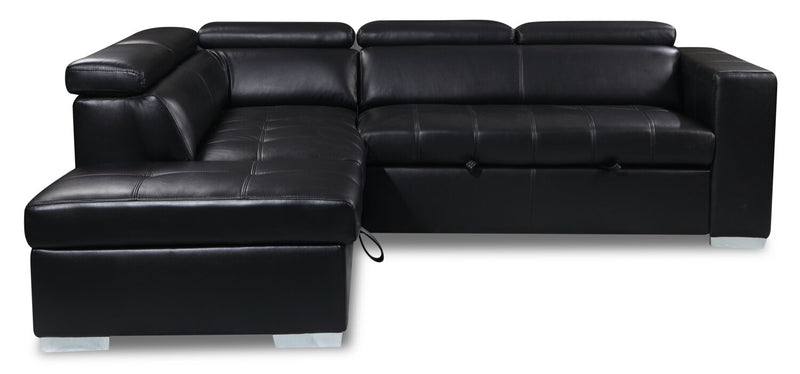 Sofa-lit sectionnel de gauche Drake 3 pièces en tissu d’apparence cuir avec pouf de rangement - noir