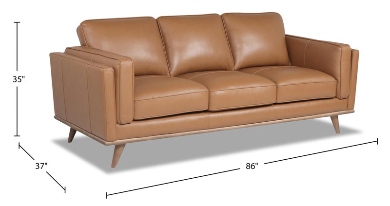 Sofa Vivia de 86 po en cuir véritable avec coussins de siège amovibles et pattes en bois - brun caramel 