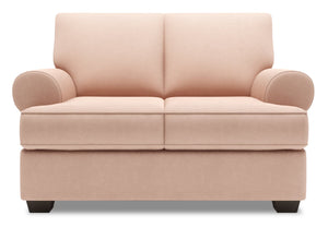 Causeuse personnalisable Roll de Sofa Lab de 64 po fabriquée au Canada en tissu d’apparence lin avec accoudoirs enroulés - rose Pax Rose