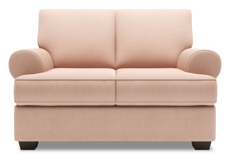 Causeuse personnalisable Roll de Sofa Lab de 64 po fabriquée au Canada en tissu d’apparence lin avec accoudoirs enroulés - rose Pax Rose