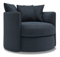 Fauteuil d’appoint pivotant Nest de Sofa Lab de 41 po fabriqué au Canada en tissu d’apparence lin - bleu Luna Sailor