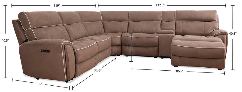 Sofa sectionnel de droite à inclinaison électrique Newport de Cindy Crawford Home 6 pièces en suédine avec port USB - taupe
