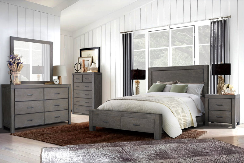 Ensemble de chambre à coucher Koda 5 pièces en bois avec lit de rangement, commode et miroir, gris - format grand lit