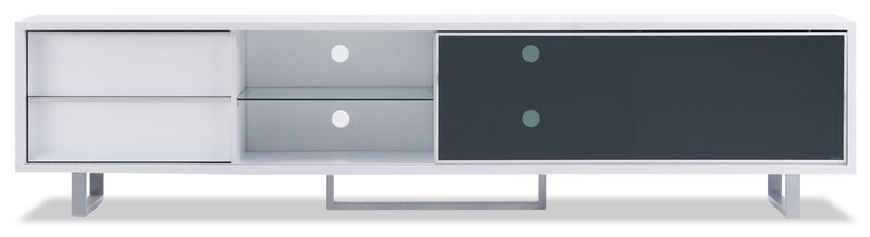 Meuble pour téléviseur moderne Amelia de 89 po x 15.5 po avec rangement et système de gestion des câbles pour téléviseurs jusqu’à 100 po - deux teintes, blanc et noir