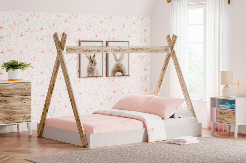 Lit plateforme Wolf en forme de tente pour enfants, deux teintes, blanc et naturel - format lit double