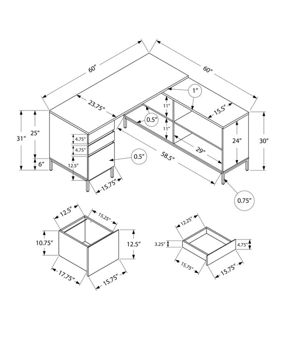 Bureau en forme de L Sean de 60 po à 3 tiroirs et 4 compartiments - gris