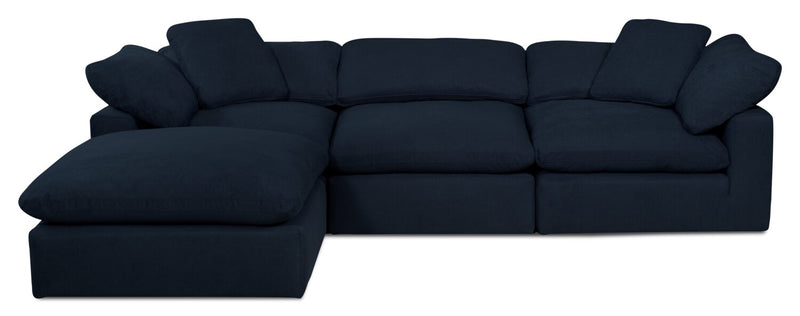 Sofa sectionnel modulaire Eclipse 4 pièces en tissu d’apparence lin avec pouf et coussins réversibles en duvet et plumes - bleu marine