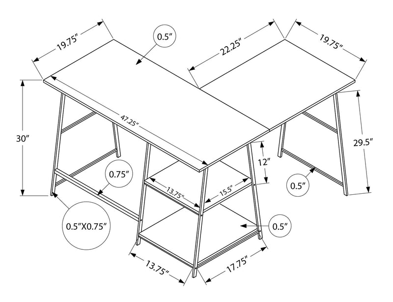 Bureau en forme de L Evlin de 42 po à tablettes - gris