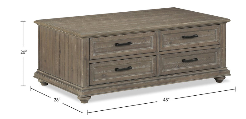 Table à café rustique Winston de 48 po avec rangement - brun clair avec fini bois de grève