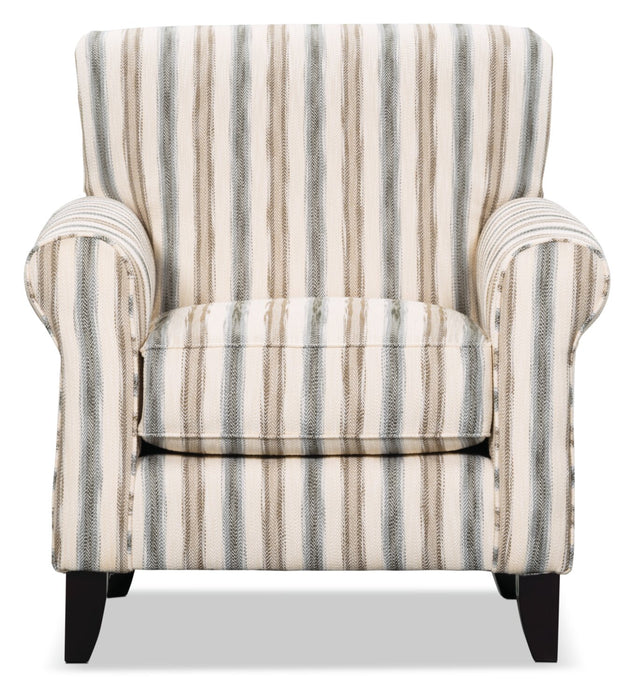 Fauteuil d’appoint Wynn de 36 po fabriqué au Canada en tissu d’apparence lin avec accoudoirs enroulés et pattes en bois - rayures multicolores