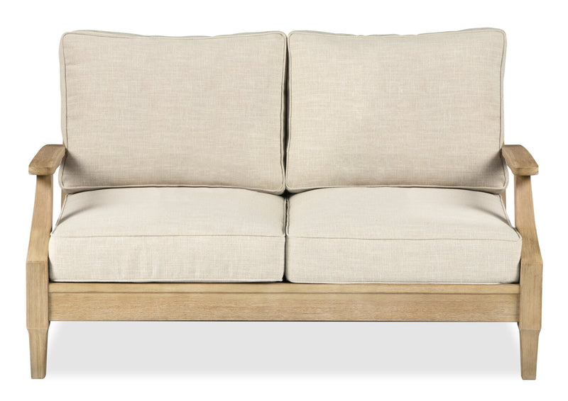 Causeuse Juno pour la terrasse à l’extérieur - eucalyptus et tissu Nuvella, résistante aux rayons UV et aux intempéries - naturelle et beige