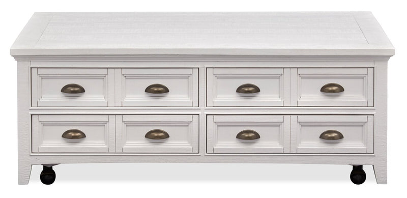 Table à café traditionnelle Heron Cove de 50 po avec dessus relevable, rangement et roulettes - pin blanc