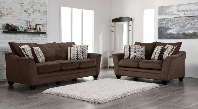 Grand sofa-lit Febe de 100 po fabriqué au Canada en tissu de chenille avec accoudoirs évasés et coussins décoratifs - brun