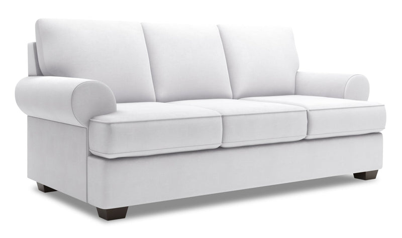 Sofa personnalisable Roll de Sofa Lab de 86 po fabriqué au Canada en tissu d’apparence lin avec accoudoirs enroulés - blanc Pax Ice
