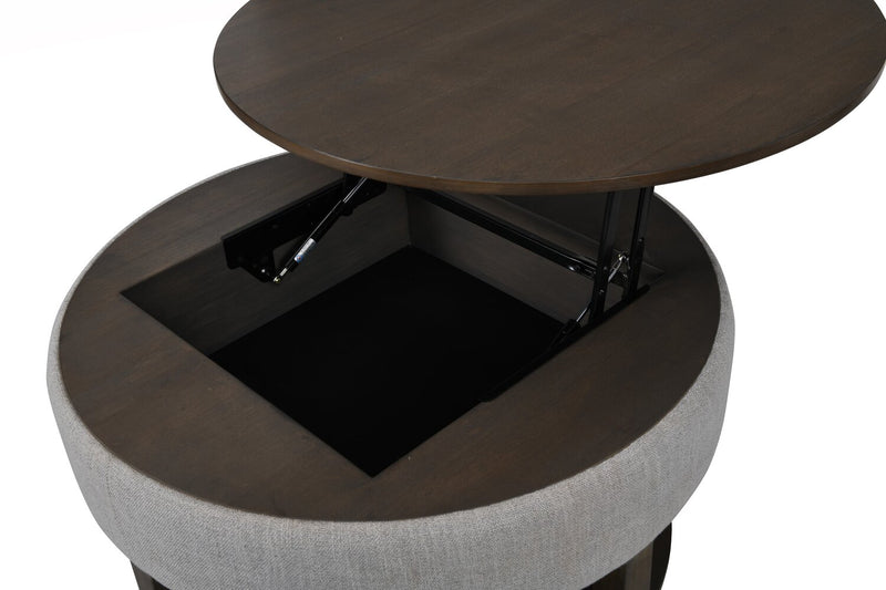 Table à café ronde rustique Elroy de 33 po avec dessus relevable, rangement, tablette et roulettes - brune et grise avec bordure en tissu