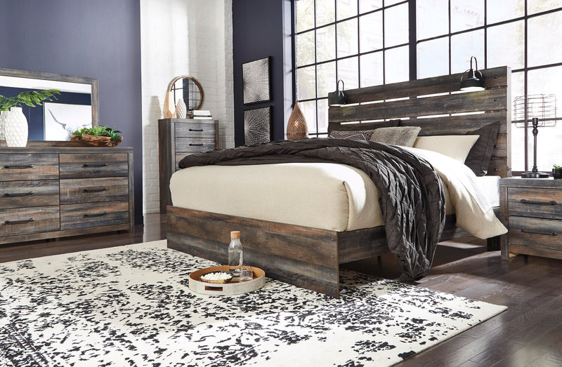 Ensemble de chambre à coucher Abby 6 pièces avec lit à panneau, commode, miroir, table de nuit, lumière DEL et port USB, brun - format très grand lit