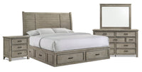 Ensemble de chambre à coucher Levi 6 pièces en bois avec lit de rangement, commode, miroir et table de nuit, gris bois de grève - format très grand lit