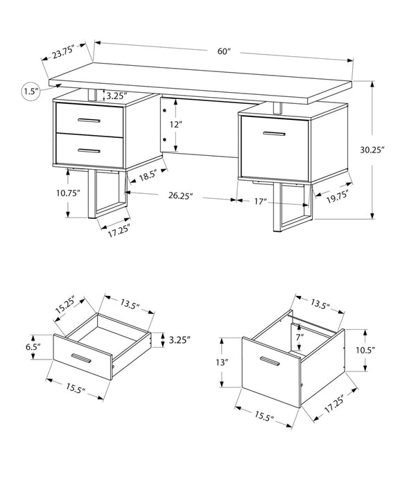 Bureau réversible Teagan de 60 po à 3 tiroirs - gris clair