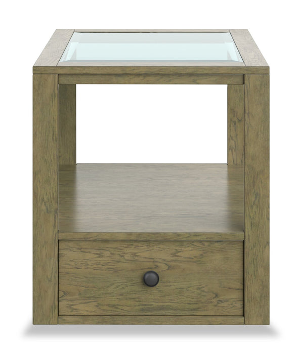 Table de bout traditionnelle Esme de 22 po avec dessus en verre, rangement et tablette - bois brun clair