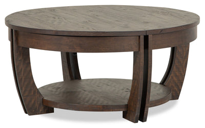 Lyndale 38" Traditional Round Lift Top Coffee Table with Storage and Shelf - Brown Pine|Table à café ronde traditionnelle Lyndale de 38 po avec dessus relevable, rangement et tablette - pin brun
