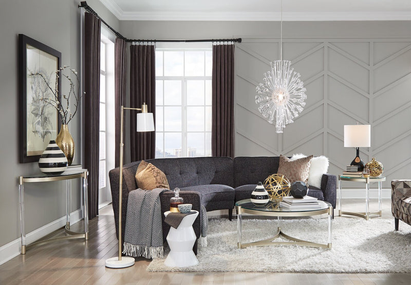 Table de salon moderne Silas de 48 po avec dessus en verre - platine avec métal et acrylique