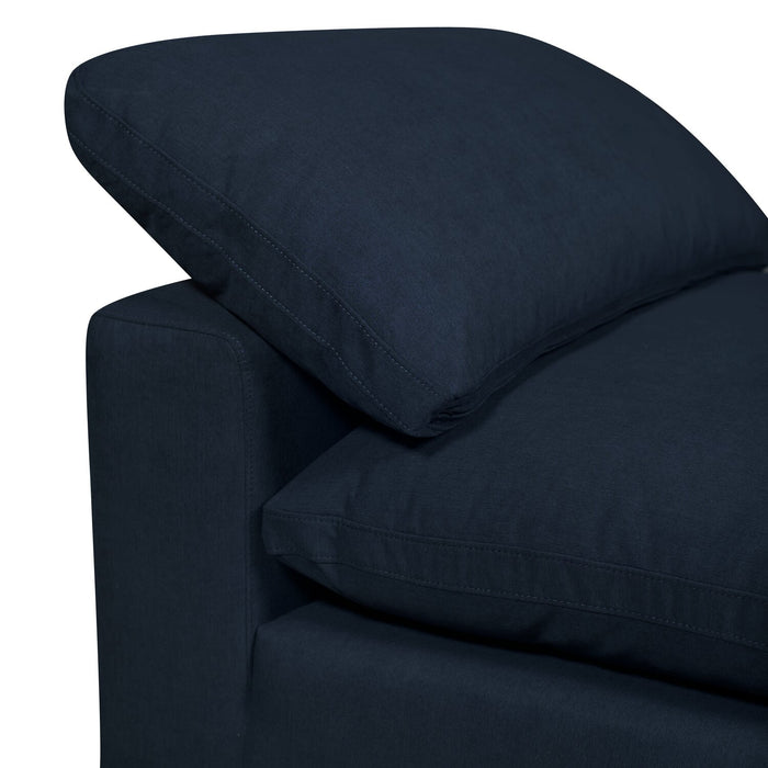 Sofa sectionnel modulaire Eclipse 6 pièces en tissu d’apparence lin avec poufs et coussins réversibles en duvet et plumes - bleu marine