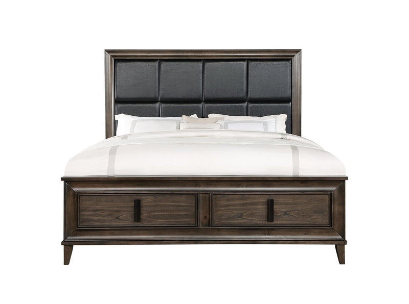 Ensemble de chambre à coucher Kane 6 pièces en cuir végétalien avec lit de rangement, commode, miroir et table de nuit, brun - format très grand lit