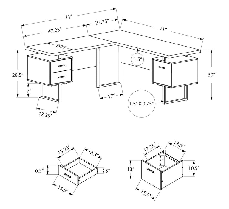 Bureau en coin en forme de L réversible Marnie de 71 po à 3 tiroirs - gris