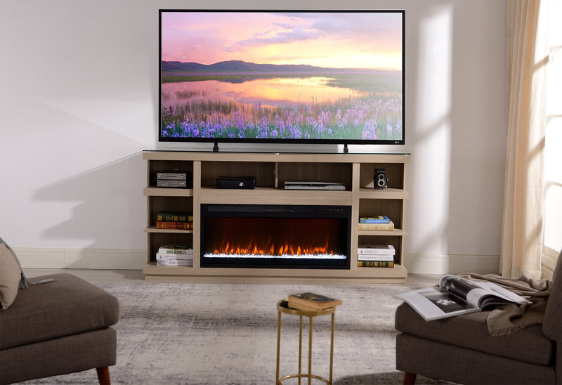 Meuble pour téléviseur moderne Axel de 74 po avec foyer électrique, rangement et système de gestion des câbles pour téléviseurs jusqu’à 85 po - taupe