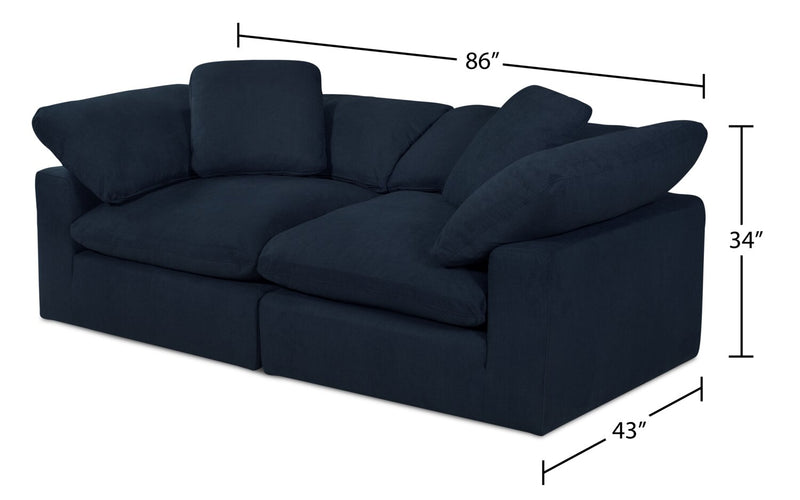 Causeuse modulaire Eclipse de 86 po en tissu d’apparence lin avec coussins réversibles en duvet et plumes - bleu marine