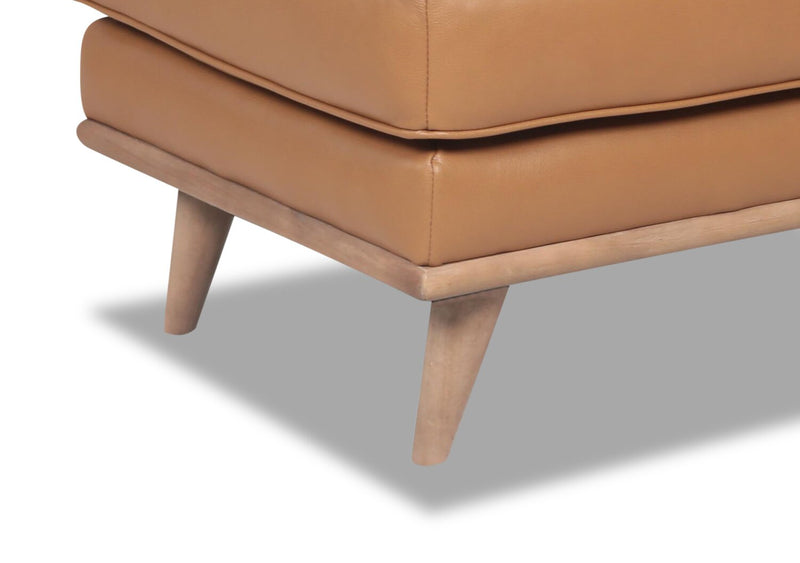 Pouf Vivia de 28 po en cuir véritable avec base en bois - brun caramel 