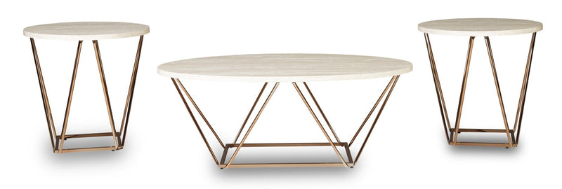 Ensemble 3 tables ovales modernes Tarica de 47 po (table à café et 2 tables de bout) - crème et doré avec pattes en métal