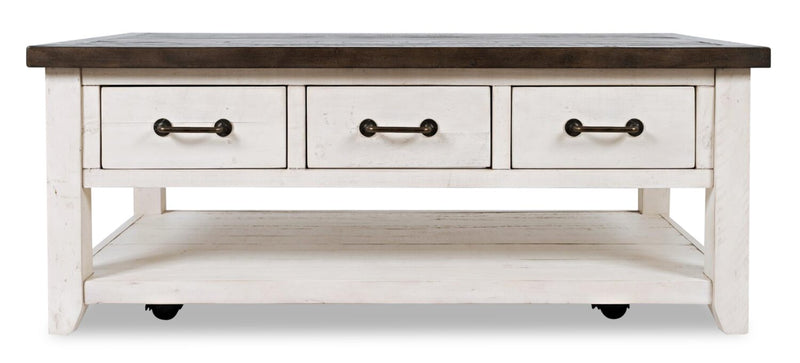 Table à café rustique Morgan de 48 po avec rangement, tablette et roulettes - blanche avec bois recyclé