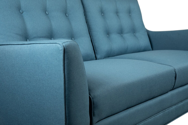 Sofa Novalee de 75,5 po en tissu d’apparence lin avec accoudoirs évasés et capitonnage à boutons - bleu