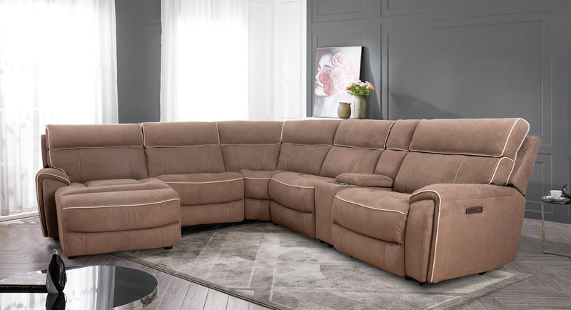 Sofa sectionnel de gauche à inclinaison électrique Newport de Cindy Crawford Home 6 pièces en suédine avec port USB - taupe