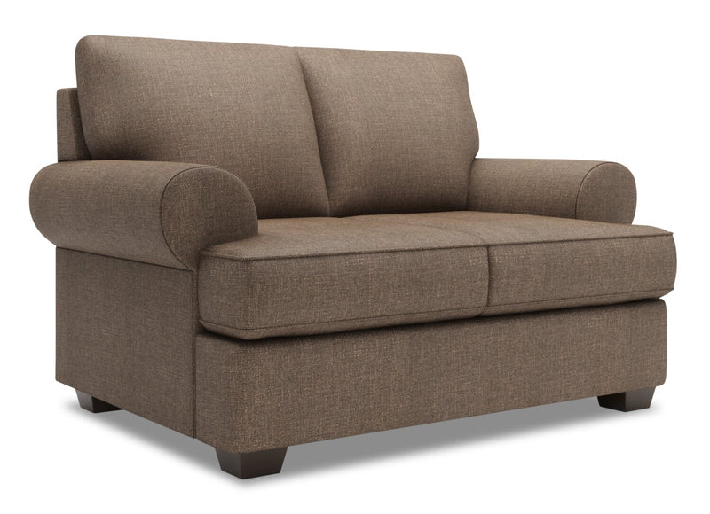 Causeuse personnalisable Roll de Sofa Lab de 64 po fabriquée au Canada en tissu d’apparence lin avec accoudoirs enroulés - brun Luna Praline