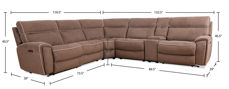 Sofa sectionnel à inclinaison électrique Newport de Cindy Crawford Home 6 pièces en suédine avec console de rangement et port USB - taupe