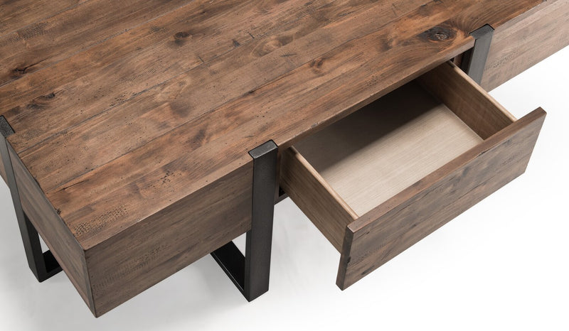 Table de salon moderne Manchester de 54 po avec rangement et tablette - bois brun avec base en fer