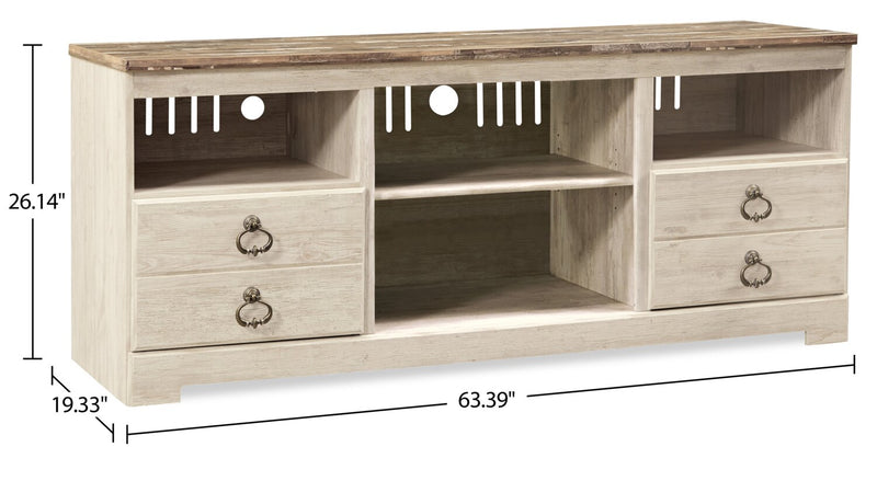 Meuble pour téléviseur traditionnel Willowton de 64 po avec rangement et système de gestion des câbles pour téléviseurs jusqu’à 70 po - blanchi