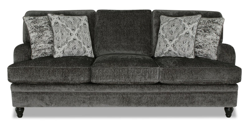 Sofa Bellmont de 89 po fabriqué au Canada en tissu de chenille avec coussins réversibles et pattes en bois - gris anthracite