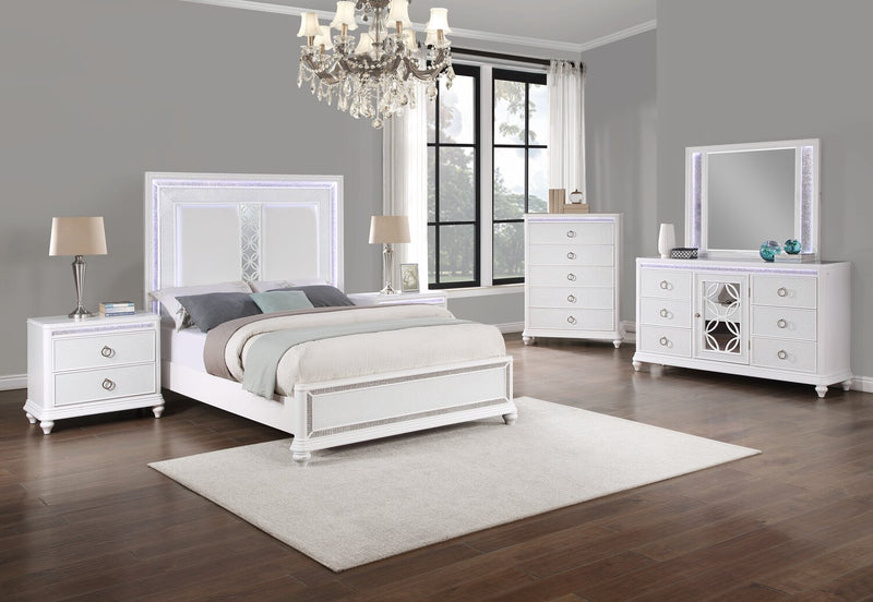 Ensemble de chambre à coucher Ava 6 pièces somptueux avec lit, commode, miroir, table de nuit et éclairage à DEL, blanc - format grand lit