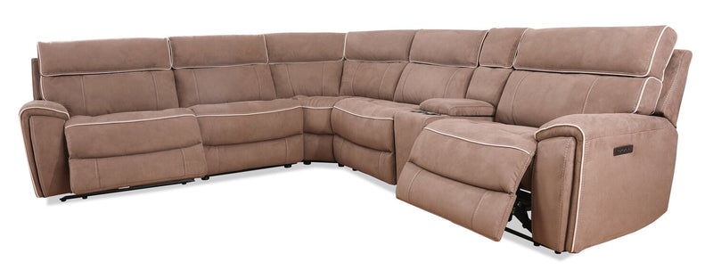 Sofa sectionnel à inclinaison électrique Newport de Cindy Crawford Home 6 pièces en suédine avec console de rangement et port USB - taupe