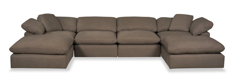 Sofa sectionnel modulaire Eclipse 6 pièces en tissu d’apparence lin avec poufs et coussins réversibles en duvet et plumes - gris ardoise