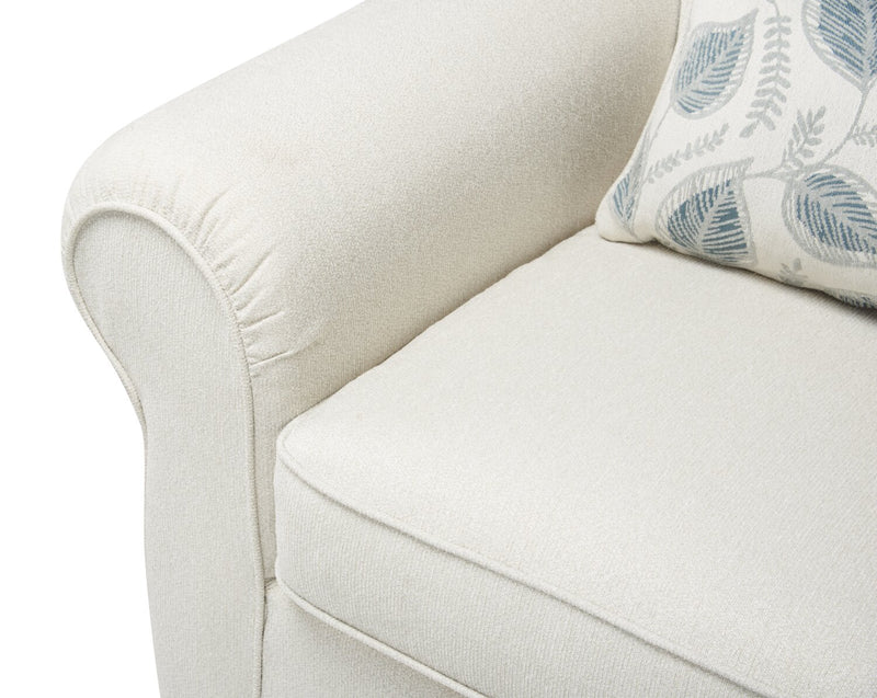 Fauteuil Scarlett de 41,5 po fabriqué au Canada en tissu de chenille avec accoudoirs enroulés et coussin décoratif - beige écru